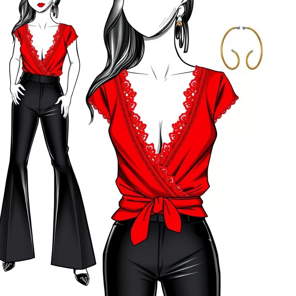 A 5”2 girl waist size 29 wearing a black bell bottom and a red wrap top with a v neck
Design a chic ensemble for a 5'2" girl with a waist size of 29, featuring high-waisted black bell bottoms that elongate her legs, paired with a vibrant red wrap top showcasing a deep V-neck. The top's intricate lace trim adds femininity, while statement gold hoop earrings enhance her bold style.