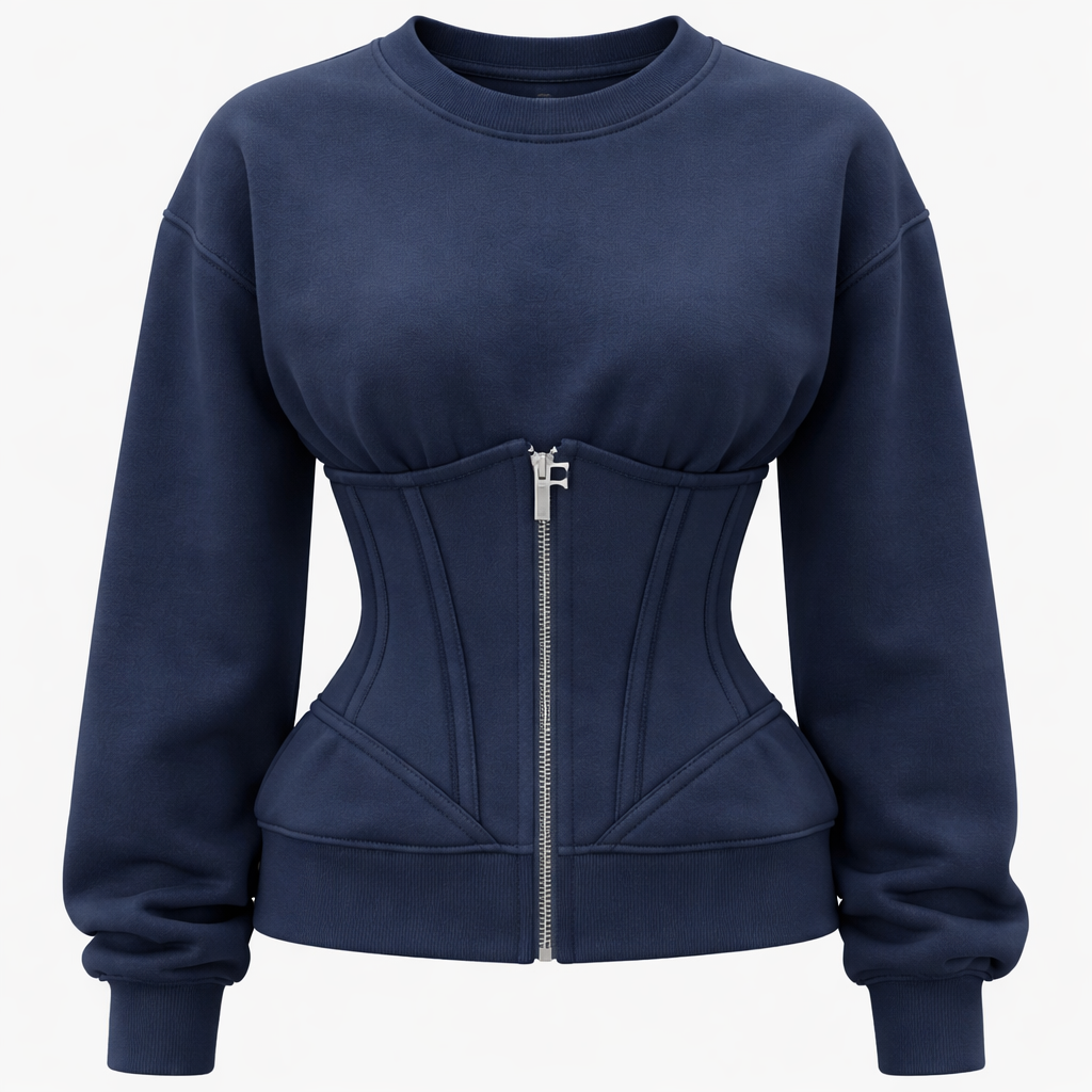 “Design a navy blue sweatshirt with a built-in corset silhouette. The corset features a visible front zipper, with the zipper pull specifically designed in the shape of the letter ‘F’ as a distinct design detail. The corset is made from soft, flexible fabric, not rigid, ensuring comfort and wearability. The design includes subtle raised seam lines in the same navy color, creating a structured yet elegant look. The overall aesthetic is modern, minimal, and stylish athleisure.”
Sportswear fashion design: Design a navy blue cotton sweatshirt with a built-in corset. The corset has a visible front zipper with an "F" shaped pull. Subtle raised lines add structure. The fit is comfortable and athletic, combining modern style with sportswear function.