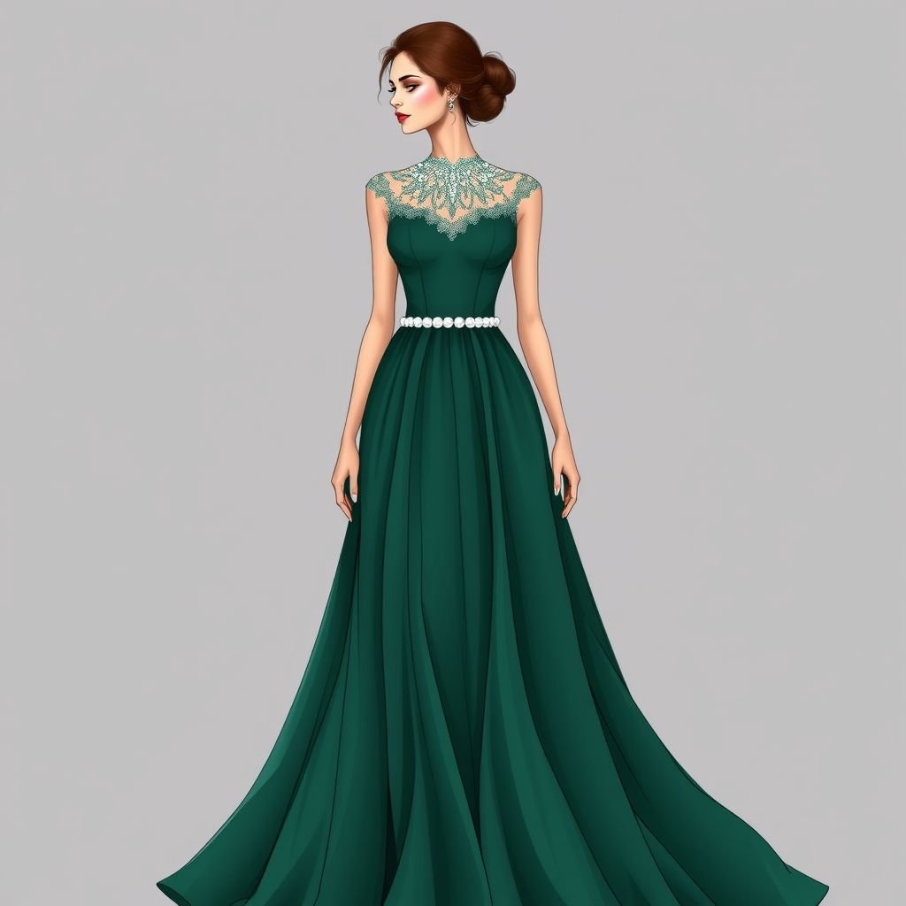 Élégant
Design an elegant evening gown that embodies timeless sophistication. The silhouette is fitted at the bodice, cascading into a flowing, layered chiffon skirt. Incorporate intricate lace detailing along the neckline and a delicate pearl belt that accentuates the waist. Choose a deep emerald green, adding a touch of drama and opulence.