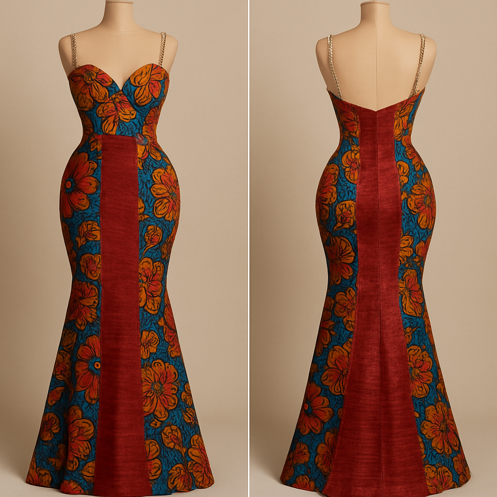 A gorgeous gown made with Ankara and aso oke with beads as straps and tight fitted at the under bust, and fitted at the hip all the way down.
A gorgeous gown made with Ankara and aso oke with beads as straps and tight fitted at the under bust, and fitted at the hip all the way down., glamorous style, show front and back