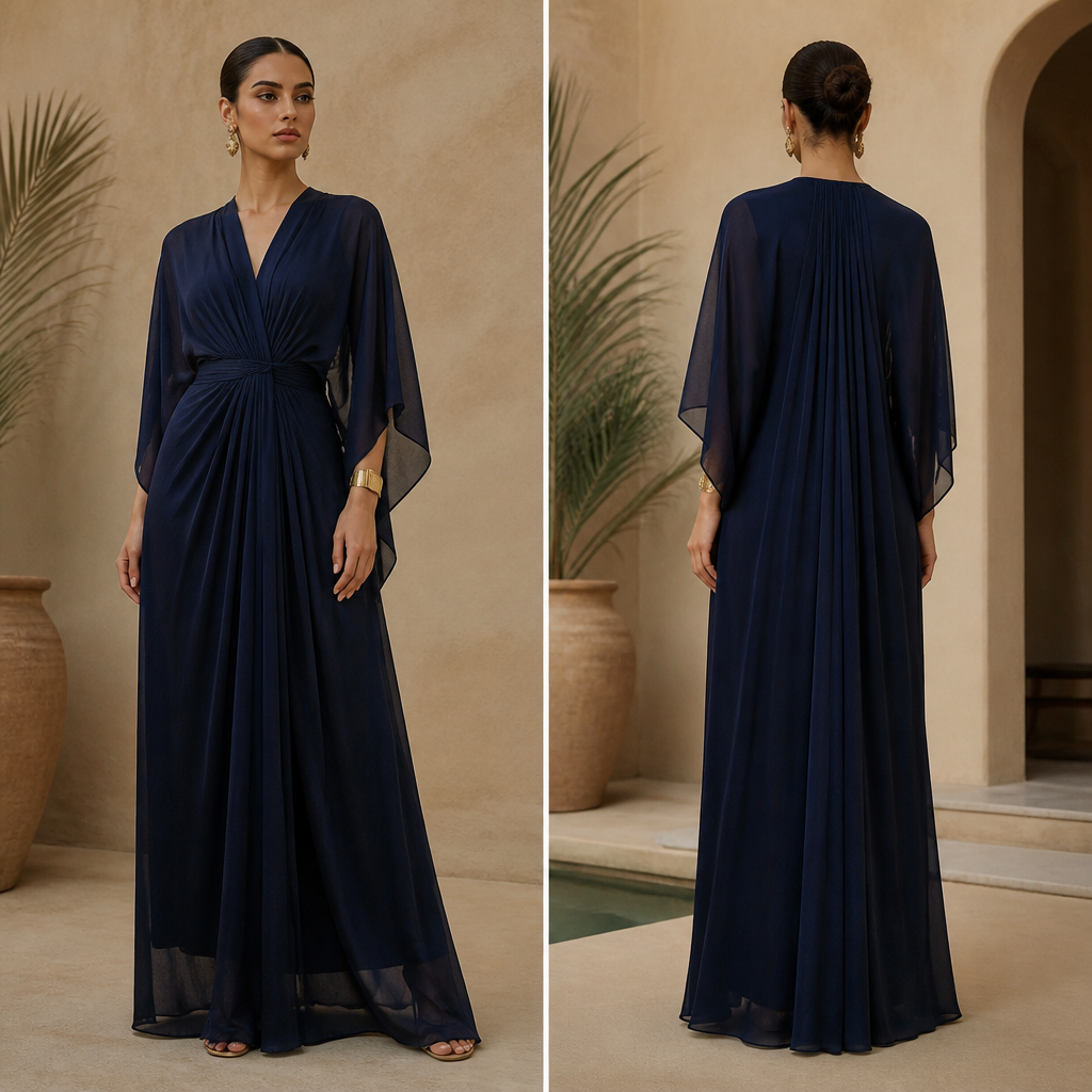 A Female Dress design, suitable for Fall, in Elegant + Classic + Quiet Luxury style. i want similar design with reference photo but with lighter fabric also dark blue color. Egypt fashion aesthetics.
photorealistic fashion design, A Female Dress design, suitable for Fall, in Elegant + Classic + Quiet Luxury style. i want similar design with reference photo but with lighter fabric also dark blue color. Egypt fashion aesthetics., elegant style, just the design no text, show front and back