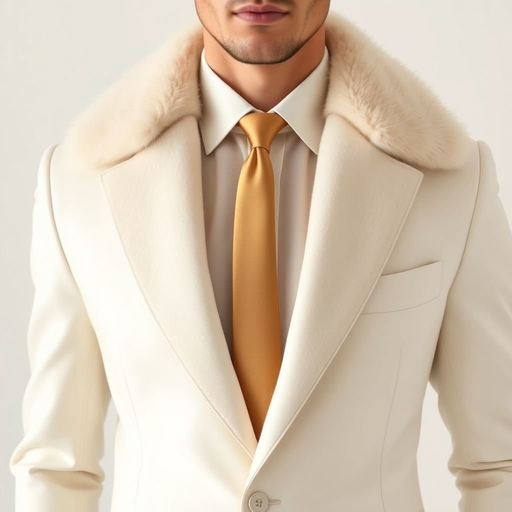 Create a sleek men’s wear suit that is off-white that has a champagne collar undershirt with a matching champagne colored tie. On the suit I want off white colored fur taking up the whole collar part
Design a cutting-edge men’s suit in luxurious off-white, featuring a fitted silhouette with an elegant fur-lined collar crafted from plush off-white fibers. Beneath, a sophisticated champagne-hued undershirt pairs seamlessly with a coordinating slender tie. This ensemble exudes refined charm, perfect for high-profile events, blending modern masculinity with opulent texture.
