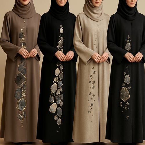 Create a modest abaya, first of its kind, featuring a unique stone design that exudes a classy and sophisticated vibe. I'd like four designs, each showcasing different styles and fabrics. Incorporate high-end, unique chic stone designs to make them truly special. Add little sophisticated stone designs. Make it irresistible for customers 