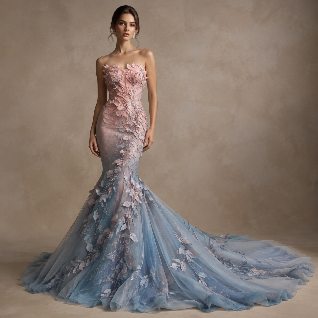 The top of the dress will be a strapless top. It is a mermaid dress and the colors are pink and blue as it fades form the pink at the top of the dress and the bottom will be blue. and the train in the back will be very long. And there will be small leaves that swirls around the body. Present it as professional fashion catalogue photography: the garment is the subject, shown full-length with editorial styling, neutral posing and tasteful, non-suggestive framing.
photorealistic fashion design, The top of the dress will be a strapless top. It is a mermaid dress and the colors are pink and blue as it fades form the pink at the top of the dress and the bottom will be blue. and the train in the back will be very long. And there will be small leaves that swirls around the body. Present it as professional fashion catalogue photography: the garment is the subject, shown full-length with editorial styling, neutral posing and tasteful, non-suggestive framing., just the design no text