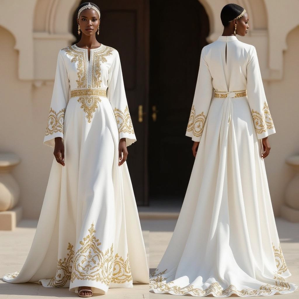 Wedding dirac dress Somalia
Somali wedding dirac dress in flowing, white silk with delicate, gold embroidery and a modest, floor-length A-line cut.