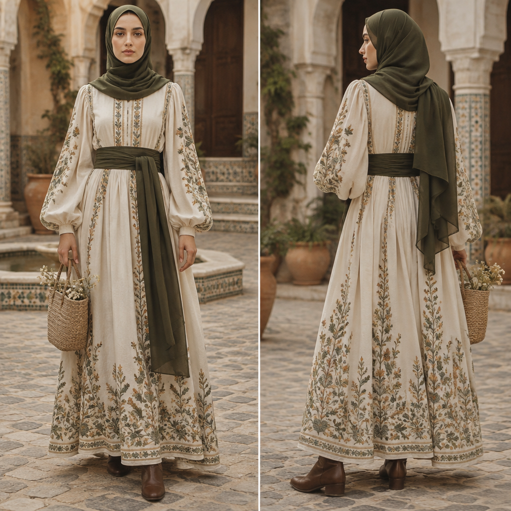 A Female Dress design, with modest, full coverage: longer hemlines, higher necklines and covered shoulders, suitable for Fall, in Cottagecore style. Algeria fashion aesthetics. Present it as professional fashion catalogue photography: the garment is the subject, shown full-length with editorial styling, neutral posing and tasteful, non-suggestive framing.
photorealistic fashion design, A Female Dress design, with modest, full coverage: longer hemlines, higher necklines and covered shoulders, suitable for Fall, in Cottagecore style. Algeria fashion aesthetics. Present it as professional fashion catalogue photography: the garment is the subject, shown full-length with editorial styling, neutral posing and tasteful, non-suggestive framing., cottagecore style, just the design no text