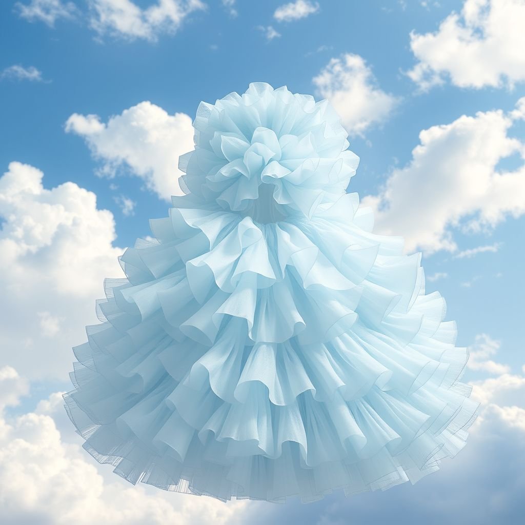 Cloud dress
Design a whimsical "Cloud Dress" that emulates the ethereal beauty of a sky filled with fluffy clouds. Crafted from a cascade of soft, billowy fabrics in pastel blues and whites, the gown features layered ruffles mimicking cumulus shapes. Adorned with subtle iridescent sequins, it captures light, creating a dreamy, floating effect.