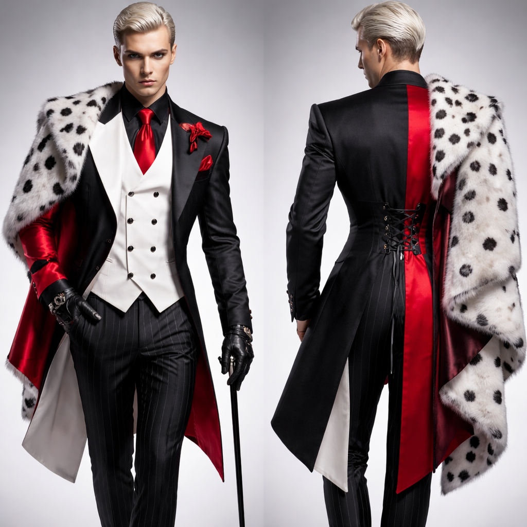 Three piece male suit inspired by Cruella DeVil
Three piece male suit inspired by Cruella DeVil
, formal style, show front and back
