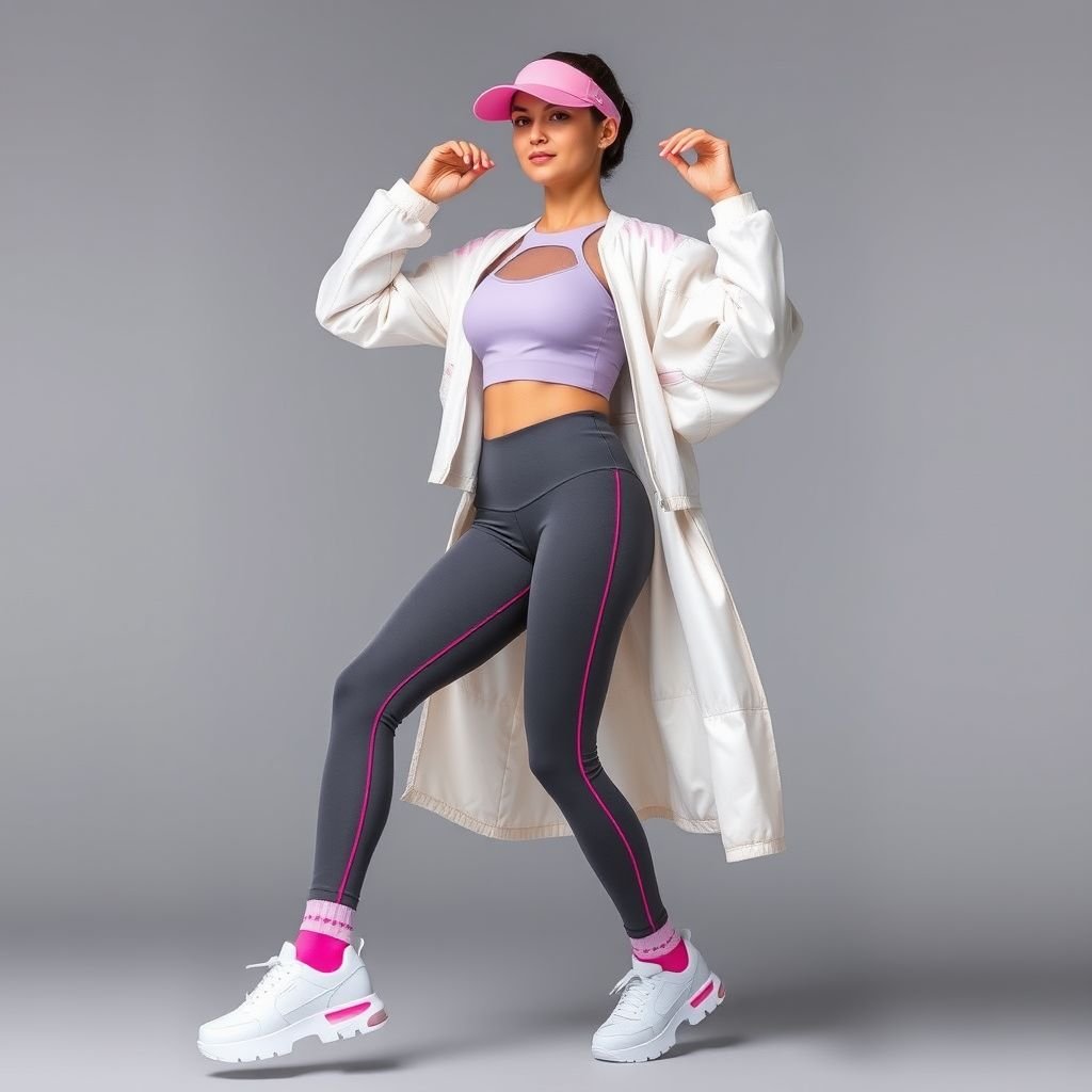 Outfit 1: LILAC FLOW Theme: Feminine, sleek, and elevated Top: Dusty lilac wrap crop top in a soft stretch bamboo-cotton blend, featuring ballet-inspired thumbhole sleeves and mesh inserts. Bottoms: High-waisted leggings in charcoal grey with hot pink piping along the sides and strategic mesh panels for breathability. Outerwear: Ivory satin bomber jacket with exaggerated puff sleeves and a soft sheen. Accessories: Pink reflective visors and ribbed crew socks. Footwear: Chunky white sneakers with hot pink accents. Inspiration: Ballet core trend, layering, feminine performance wear.
Outfit 1: LILAC FLOW
Theme: Sporty chic and feminine elegance.
Top: A dusty lilac performance crop top in breathable bamboo-cotton, featuring thumbhole sleeves and strategic mesh inserts.
Bottoms: Charcoal high-rise leggings with vibrant hot pink side piping and ventilated mesh panels for optimal airflow.
Outerwear: An ivory satin bomber jacket with exaggerated puff sleeves for a playful twist.
Accessories: Pink reflective visors and ribbed ankle socks to enhance movement.
Footwear: Bold white platform sneakers with hot pink detailing.
Inspiration: A fusion of ballet aesthetics and energetic sporty flair.