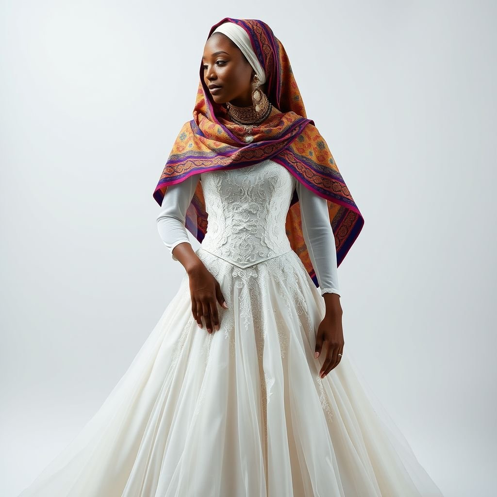 Wedding dress Somali white elegant blending with morrocan style
Envision an exquisite wedding gown featuring a tailored ivory bodice adorned with intricate Moroccan filigree lace. Flowing into a sweeping skirt, layers of delicate chiffon cascade, reminiscent of traditional Somali attire. The ensemble is completed with bold, geometric gold jewelry, and a vibrant, embroidered shawl drapes elegantly over the shoulders.