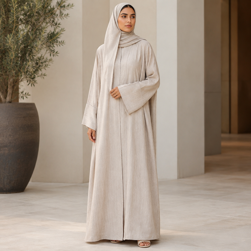 A Abaya design, made of Linen, with a Relaxed silhouette, for Casual, suitable for Summer, in Casual + Elegant style. UAE fashion aesthetics. Present it as professional fashion catalogue photography: the garment is the subject, shown full-length with editorial styling, neutral posing and tasteful, non-suggestive framing.
photorealistic fashion design, A Abaya design, made of Linen, with a Relaxed silhouette, for Casual, suitable for Summer, in Casual + Elegant style. UAE fashion aesthetics. Present it as professional fashion catalogue photography: the garment is the subject, shown full-length with editorial styling, neutral posing and tasteful, non-suggestive framing., casual style, just the design no text