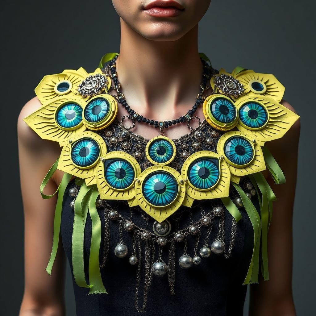 Papier-mâché necklace which is painted eyes on it
Design a stunning avant-garde fashion piece featuring a papier-mâché necklace adorned with intricately painted surreal eyes. The eyes, in vibrant hues of blues and greens, evoke a sense of mystery. Layer the necklace with cascading ribbons and metallic elements, creating an ethereal look that challenges conventional jewelry and embodies artistic expression.