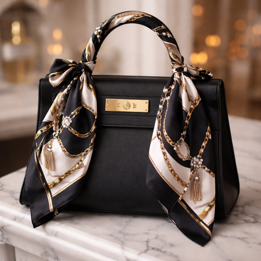 Silk scarf that is 5x86cm designed for a handle on a Kelly style bag for a night out with friends
Silk scarf that is 5x86cm designed for a handle on a Kelly style bag for a night out with friends , classic style