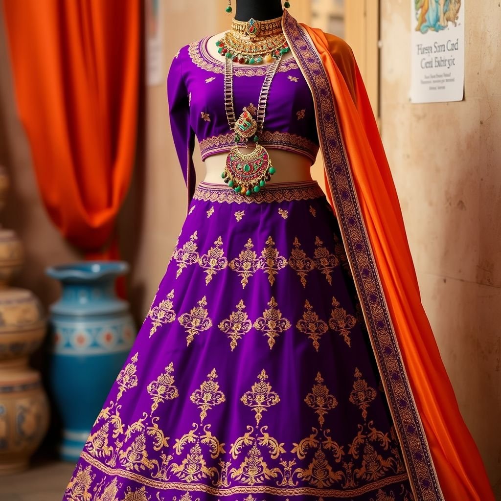 Indian lehenga purple colour with orange duppata, Rajasthani jewellery
Design a stunning country-inspired Indian lehenga featuring a rich purple fabric adorned with intricate golden embroidery. Pair it with a vibrant orange dupatta that drapes elegantly, capturing the essence of rustic charm. Complement this look with bold Rajasthani jewellery, showcasing colorful gemstones and traditional motifs, blending culture with a contemporary countryside vibe.