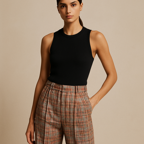 Plaid bottoms/ muscle shirt 
On female 