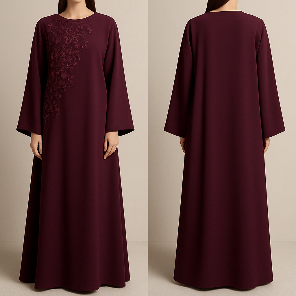 The Half-Bloom Couture Abaya
Tone: Wine / Plum Design: One side of the chest beautifully covered with half-blooming flowers and micro stones. 

The Half-Bloom Couture Abaya
Tone: Wine / Plum Design: One side of the chest beautifully covered with half-blooming flowers and micro stones. , show front and back