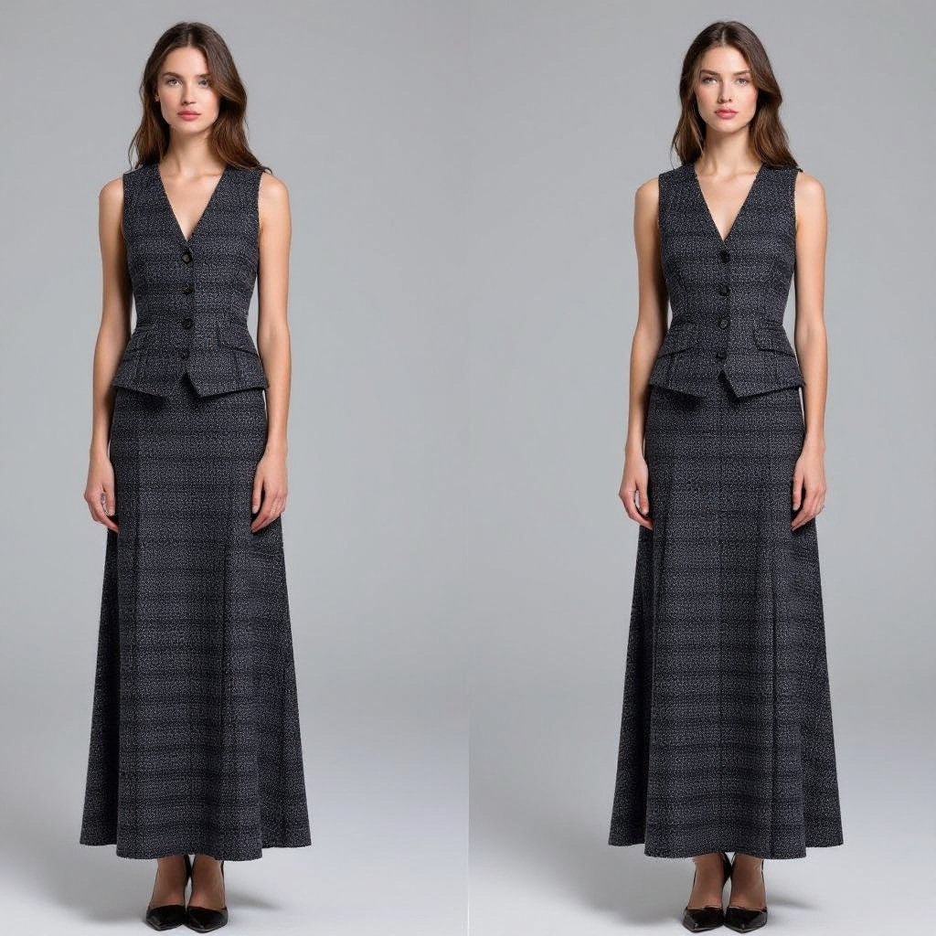 ### جزئیات جلیقه (Vest): - رنگ و الگو: خاکستری تیره با الگوی houndstooth (شطرنجی کلاسیک با ترکیب سیاه و سفید در بستر خاکستری). - طراحی: جلیقه بدون آستین، دکمهدار در جلو (احتمالاً ۴-۶ دکمه فلزی یا ساده)، یقه V شکل یا باز، فیت بادی (چسبیده به بدن برای تأکید بر فرم کمر). - جنس: پارچه تویید (tweed) یا پشمی بافتدار، با بافت زبر و متراکم، مناسب فصل پاییز/زمستان. - طول: کوتاه، تا کمر یا کمی پایینتر، طراحیشده برای هماهنگی با دامن بلند. - ویژگیهای اضافی: بدون جیبهای خارجی قابل مشاهده (ممکن است جیبهای داخلی مخفی داشته باشد)، لبهها تمیز و بدون تزئینات اضافه، سبک مینیمال با الهام از مد کلاسیک فرانسوی. ### جزئیات دامن (Skirt): - رنگ و الگو: همرنگ جلیقه، خاکستری تیره با الگوی houndstooth. - طراحی: دامن ماکسی (بلند تا مچ پا)، استریت (راست و باریک)، بدون شکاف جانبی، فیت از کمر به پایین (نه خیلی گشاد و نه خیلی تنگ). - جنس: همان پارچه تویید یا پشمی جلیقه، با بافت متراکم برای حفظ فرم و استایل. - طول: کاملاً بلند، کفزن، برای ظاهری ظریف و آراسته. - ویژگیهای اضافی: احتمالاً با کمربند داخلی یا زیپ جانبی برای بستن، بدون چین، تزئین یا جزئیات اضافی، تمرکز روی سادگی و هماهنگی با جلیقه.
Dark gray houndstooth tweed vest, slim-fit, V-neck, button-front. Paired with a matching dark gray houndstooth tweed maxi skirt, straight cut, floor-length.