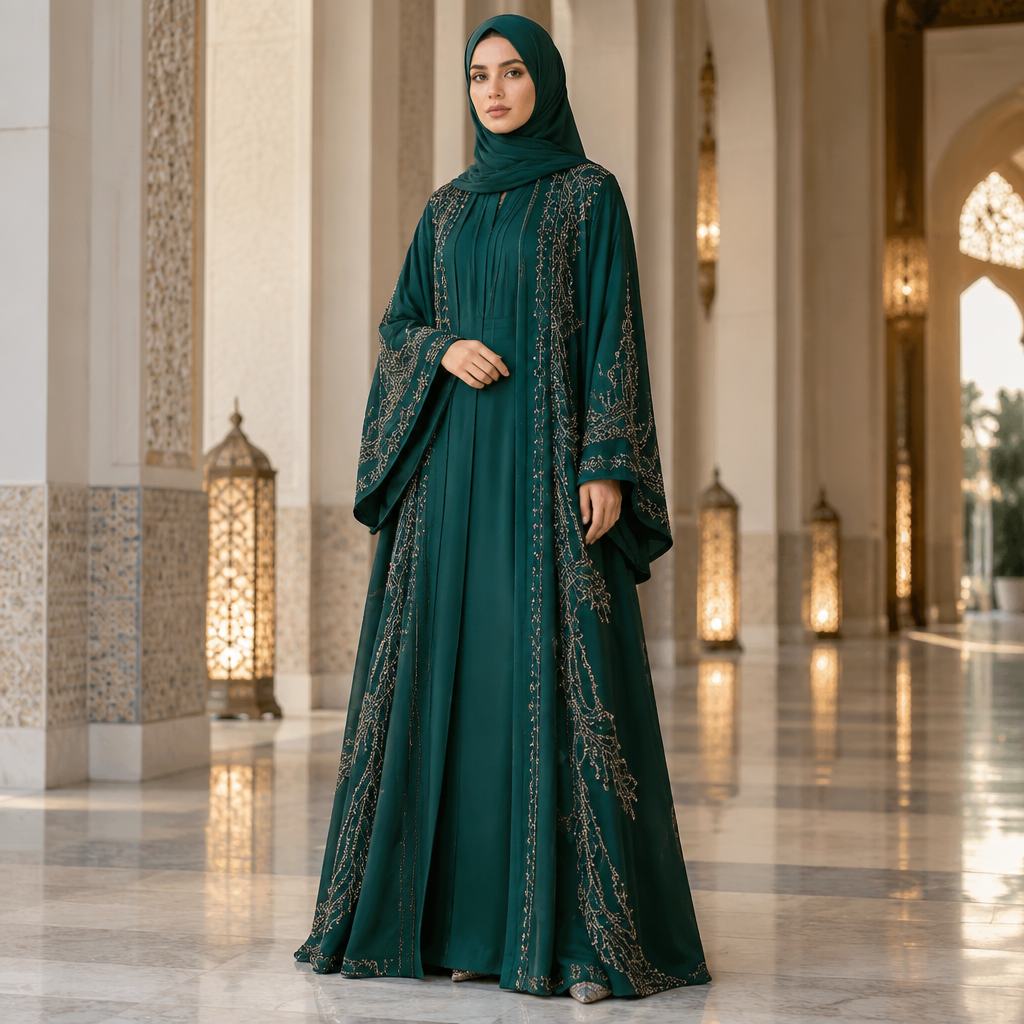 A Abaya design, with modest, full coverage: longer hemlines, higher necklines and covered shoulders, in a Jewel Tones color palette, in Glamorous style. Indonesia fashion aesthetics. Present it as professional fashion catalogue photography: the garment is the subject, shown full-length with editorial styling, neutral posing and tasteful, non-suggestive framing.
photorealistic fashion design, A Abaya design, with modest, full coverage: longer hemlines, higher necklines and covered shoulders, in a Jewel Tones color palette, in Glamorous style. Indonesia fashion aesthetics. Present it as professional fashion catalogue photography: the garment is the subject, shown full-length with editorial styling, neutral posing and tasteful, non-suggestive framing., glamorous style, just the design no text