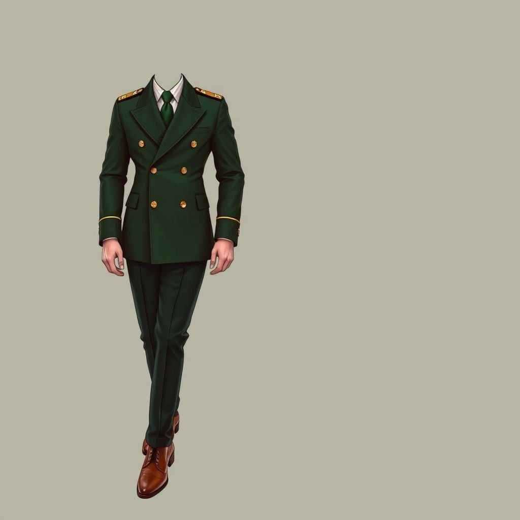 double breasted men suit, with DV on the cuff of sleeve. The suit color can be forest green
Design a sharp double-breasted men's suit in a rich forest green, echoing military elegance. Incorporate structured shoulder pads for a commanding silhouette and gold epaulettes for authenticity. The suit features distinct DV embroidery on the cuffs, symbolizing valor. Pair it with polished leather boots for a disciplined yet stylish appearance.