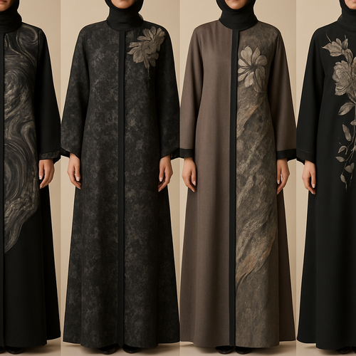 Create a modest abaya that's the first of its kind, featuring a unique stone design that exudes a classy and sophisticated vibe. I'd like four designs, each showcasing different styles and fabrics.Incorporate high-end, unique chic stone designs to make them truly special. And add little cute touch of sophisticated stone designs. Add huge flower and unique designs.