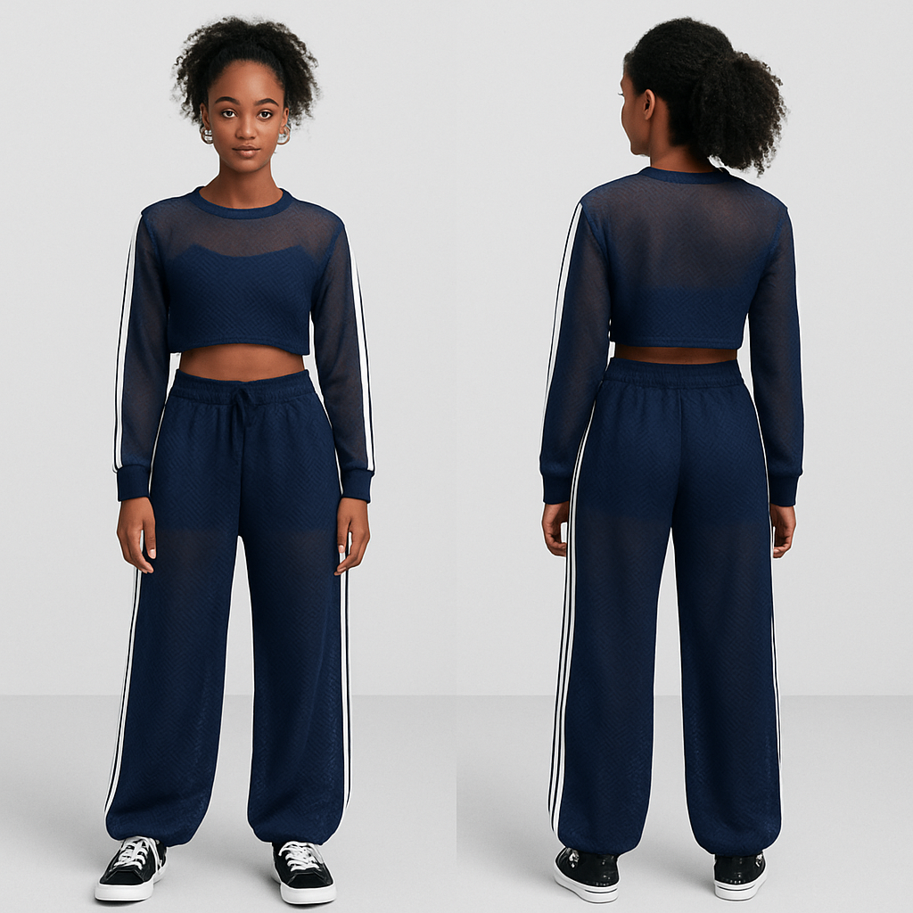 See through mesh cropped top in navy with 2 white stripes on both sides of the sleeves.
See through mesh wide leg jogger in navy with 2 white stripes on both sides.
See through mesh cropped top in navy with 2 white stripes on both sides of the sleeves.
See through mesh wide leg jogger in navy with 2 white stripes on both sides. , streetwear style, show front and back