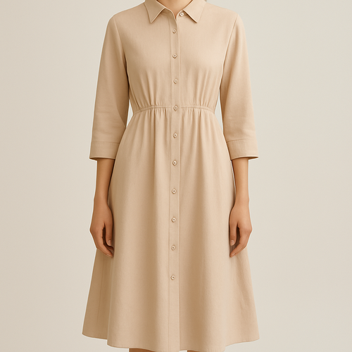 Gathered high waist button down below knee dress , with shirt sleeves and a soft colour . Cooperate like but flowy yet structured 