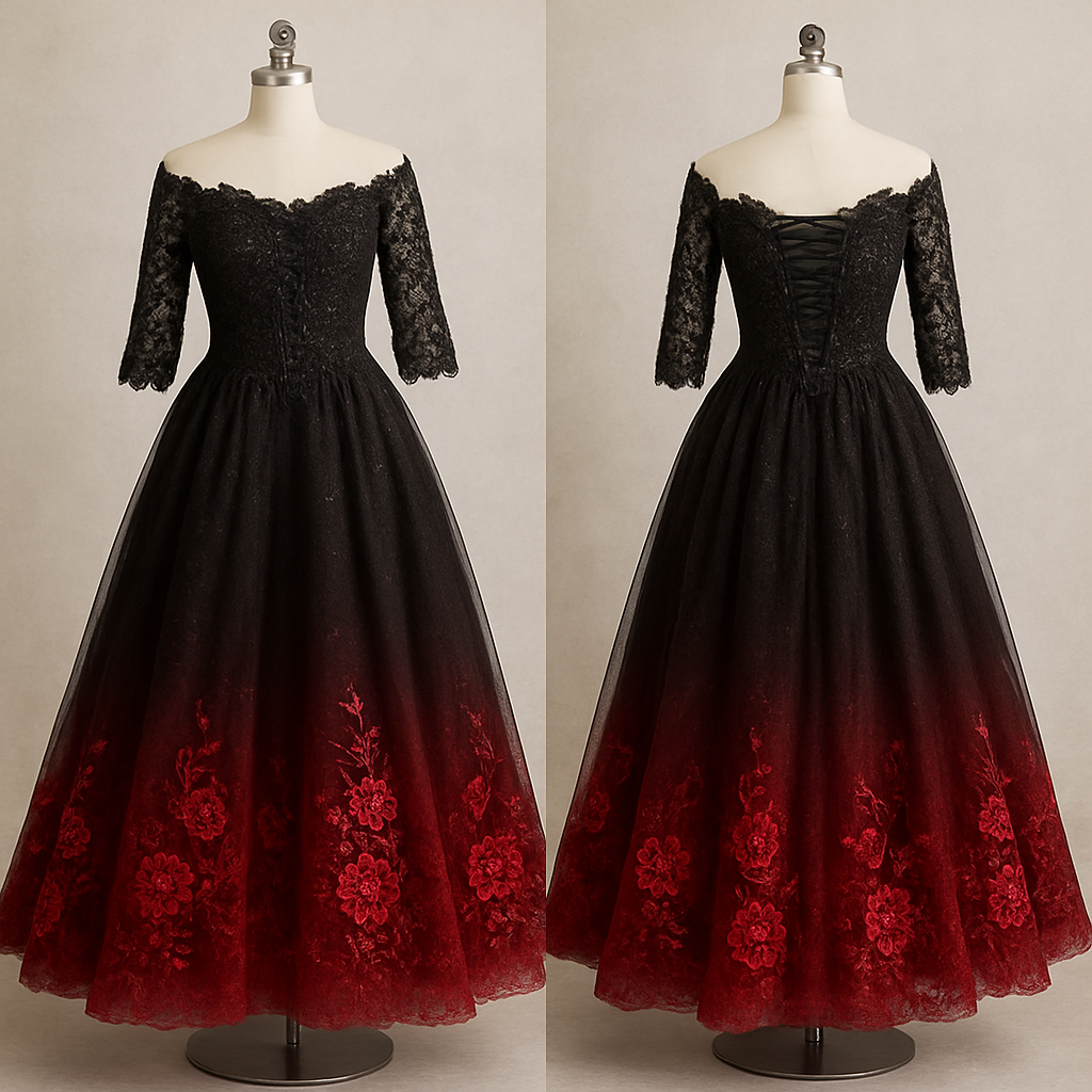 Lace Black A-line off-the-shoulder 1/3 lace sleeves wedding dress with detachable skirt revealing a shorter dress. Corset back, with embroidered sequin beading on the top. The bottom fades into red with embroidered red sequined roses.
Lace Black A-line off-the-shoulder 1/3 lace sleeves wedding dress with detachable skirt revealing a shorter dress. Corset back, with embroidered sequin beading on the top. The bottom fades into red with embroidered red sequined roses., rockabilly style, show front and back