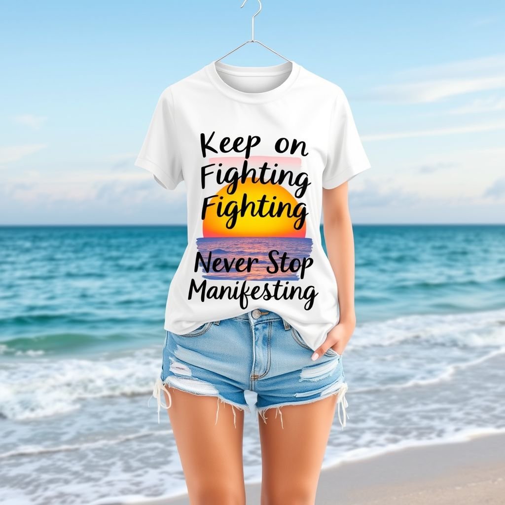 White slim fit stretch fabric female T-shirt with the an image of the sea with the sun setting with orange blue sky with this quote in the middle “Keep on Fighting , Never stop Manifesting.”
Design a chic casual outfit featuring a white slim-fit stretch T-shirt adorned with a stunning graphic of a sunset over the ocean. The vibrant hues of orange and blue frame the empowering quote, “Keep on Fighting, Never Stop Manifesting.” Pair with distressed denim shorts and sleek white sneakers for a laid-back yet inspiring look.