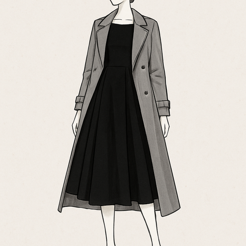 A black dress with grey as a long trench coat
