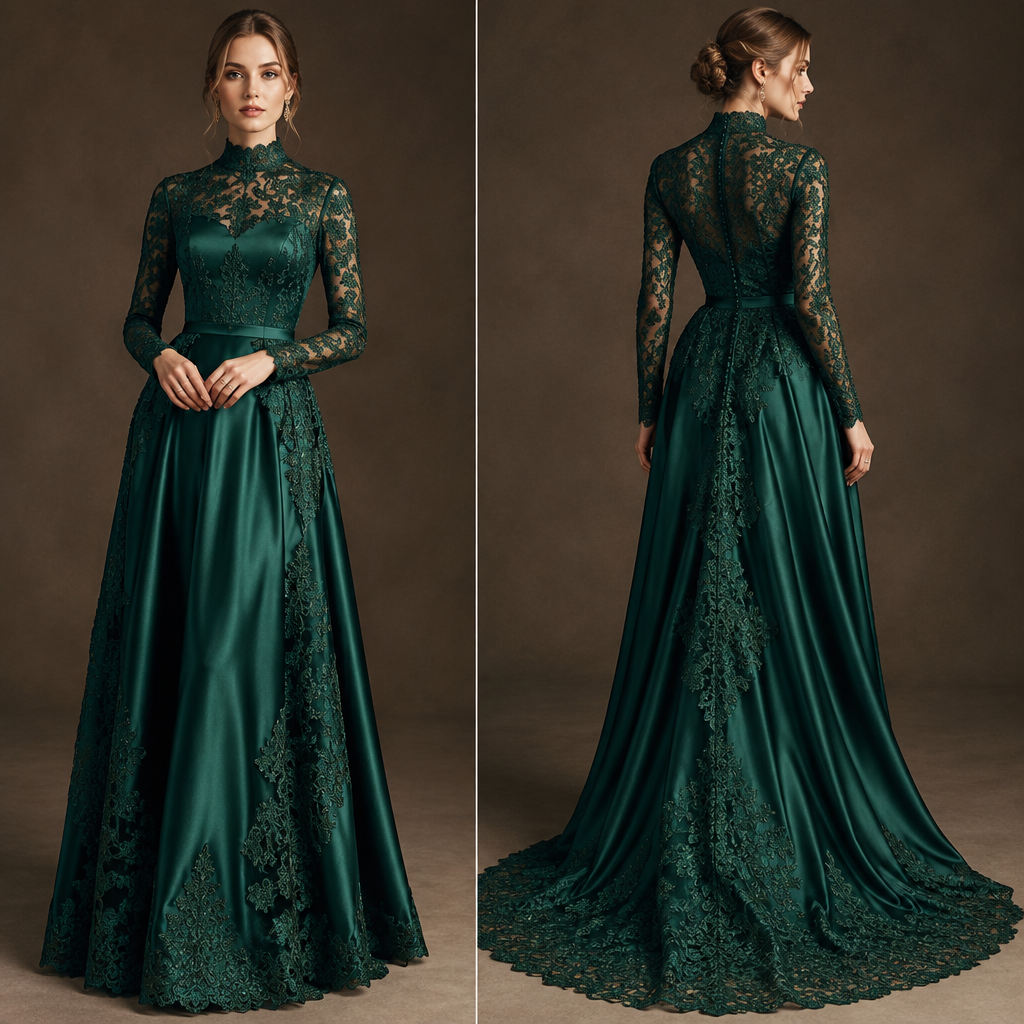 A Female Dress design, made of Silk, with a sleek, smooth finish, with a Tailored silhouette, with modest, full coverage: longer hemlines, higher necklines and covered shoulders, in a Jewel Tones color palette, for Date Night, suitable for Fall, suited to a Temperate climate, in Lace + Silk + Winter style, shown on a model with fair skin. Russia fashion aesthetics. Present it as professional fashion catalogue photography: the garment is the subject, shown full-length with editorial styling, neutral posing and tasteful, non-suggestive framing.
photorealistic fashion design, A Female Dress design, made of Silk, with a sleek, smooth finish, with a Tailored silhouette, with modest, full coverage: longer hemlines, higher necklines and covered shoulders, in a Jewel Tones color palette, for Date Night, suitable for Fall, suited to a Temperate climate, in Lace + Silk + Winter style, shown on a model with fair skin. Russia fashion aesthetics. Present it as professional fashion catalogue photography: the garment is the subject, shown full-length with editorial styling, neutral posing and tasteful, non-suggestive framing., lace style, just the design no text, show front and back