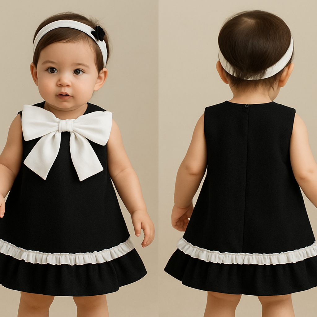 一歳の女の子着用画
ジャケット生地の黒のノンスリーブワンピース、丈は膝上
肩の部分、襟の部分が隠れるように白の大きなリボン
スカートの裾に、白でリボンと同じ素材で、真ん中にギャザーのあるフリルを2周
段々にはしない
頭には白のカチューシャ
カチューシャにはちょっとした黒い装飾
一歳の女の子着用画
ジャケット生地の黒のノンスリーブワンピース、丈は膝上
肩の部分、襟の部分が隠れるように白の大きなリボン
スカートの裾に、白でリボンと同じ素材で、真ん中にギャザーのあるフリルを2周
段々にはしない
頭には白のカチューシャ
カチューシャにはちょっとした黒い装飾, show front and back