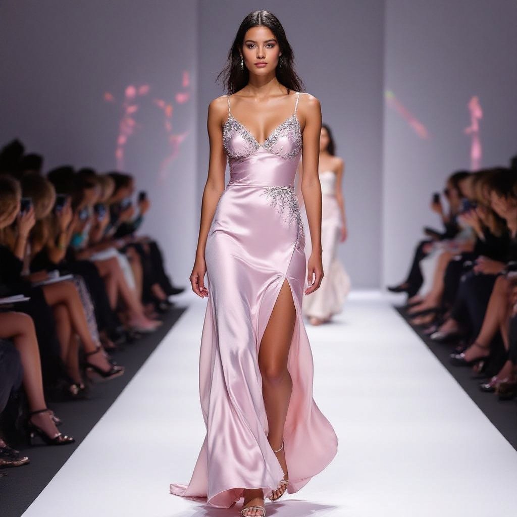Pale pink Silk slip dress with spaghetti straps crystals embellishments
Pale pink silk slip dress, spaghetti straps, body-skimming cut, crystal embellishments.