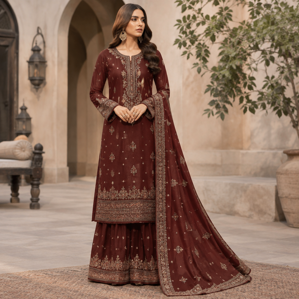 A Female Dress design, suitable for Fall. Consider Pakistani fashion — shalwar kameez, gharara, sharara; lawn fabrics, chiffon; intricate embroidery and mirror work. Current season is Autumn in Pakistan. Present it as professional fashion catalogue photography: the garment is the subject, shown full-length with editorial styling, neutral posing and tasteful, non-suggestive framing.
photorealistic fashion design, A Female Dress design, suitable for Fall. Consider Pakistani fashion — shalwar kameez, gharara, sharara; lawn fabrics, chiffon; intricate embroidery and mirror work. Current season is Autumn in Pakistan. Present it as professional fashion catalogue photography: the garment is the subject, shown full-length with editorial styling, neutral posing and tasteful, non-suggestive framing., just the design no text