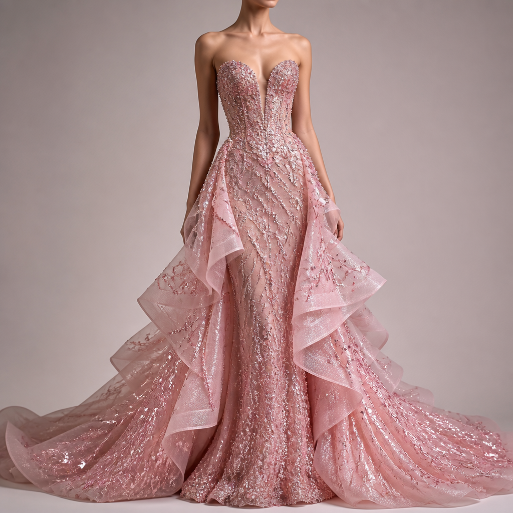 Pink with toons of crystals
photorealistic fashion design, Pink with toons of crystals , formal style, just the design no text