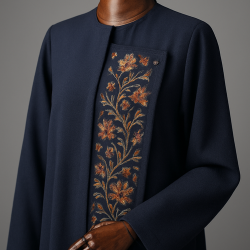 
Full‑shot photorealistic prompt (copy‑paste)
"Photorealistic studio photograph of an ankle‑length royal crepe abaya displayed on a luxury wooden mannequin. Mannequin: polished walnut finish, carved wooden joints, elegant proportions, brass adjustable stand. Abaya: ankle length (140 cm on a 170 cm form), detachable front panels with hidden snap fastenings, long straight sleeves, concealed round neckline, light waist darts, hand‑stitched kani embroidery on panels only. Show realistic crepe fabric texture, natural drape and folds, subtle sheen and true-to-life shadows. Lighting: soft directional studio lighting with subtle rim light to separate silhouette. Background: seamless neutral gray backdrop with slight floor reflection. Camera: 50mm perspective, slight three‑quarter front view, shallow depth of field (f/2.8). High resolution, ultra‑photorealistic — no sketch, no illustration, no line art, no watercolor."

Close‑up detail prompt (copy‑paste)
"Photorealistic close‑up macro of the detachable panel attachment and hand kani embroidery on a royal crepe abaya on a luxury wooden mannequin. Show thread texture, stitch depth, hidden snap fastening detail, fabric weave, and internal reinforcement. Lighting: soft macro studio lighting, high detail, 85mm macro perspective, f/4. Ultra‑photorealistic, true colors, no sketch or drawn style."