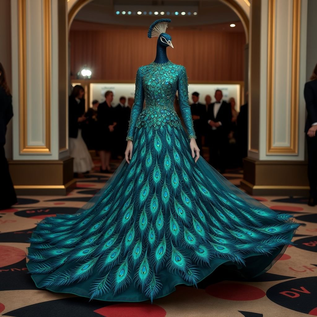 Create me a unique Peacok met gala dress tha. but I want it to be modest I want the arms and legs covered. and empowers a Met Gala look. Put “DV” on it somewhere
Design a luxurious, modest Met Gala dress inspired by the majestic peacock. The gown features intricate, iridescent feather embroidery in rich emerald and sapphire hues, elongating the silhouette. Elegant long sleeves and a flowing skirt gracefully cover the arms and legs. Embellish with “DV” subtly embroidered near the hem for sophistication.