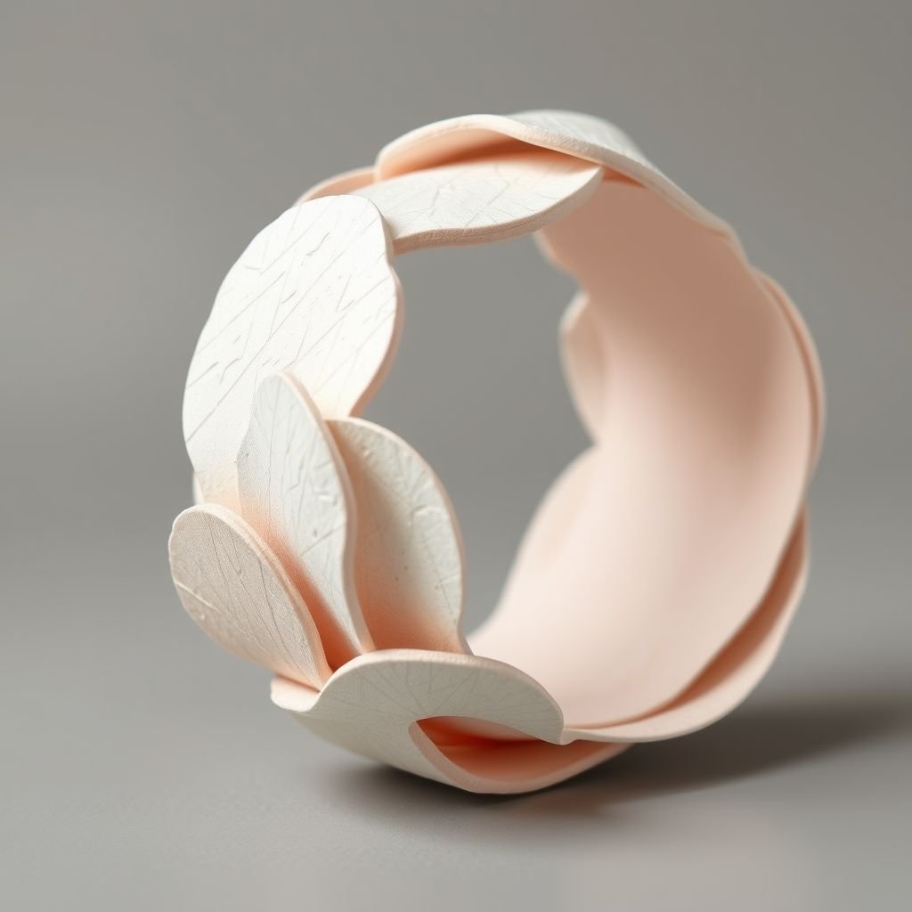 Papier-mâché minimal bangle inspired by eye and clouds
Design an avant-garde, minimal bangle crafted from delicately layered papier-mâché, showcasing organic shapes reminiscent of dreamy clouds and the elusive curvature of the human eye. Soft, pastel hues blend seamlessly, while subtle textures evoke a sense of lightness and elegance. This unique accessory embodies ethereal beauty, perfect for modern, artistic wardrobes.