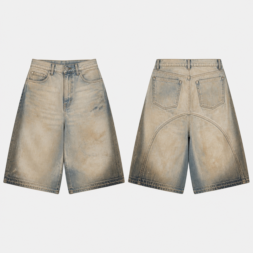 A Male Pants design, for Casual, suitable for Summer, in Streetwear + Vintage + Casual style. eye catchin, baggy, shorts. Romania fashion aesthetics.
photorealistic fashion design, A Male Pants design, for Casual, suitable for Summer, in Streetwear + Vintage + Casual style. eye catchin, baggy, shorts. Romania fashion aesthetics., streetwear style, just the design no text, show front and back
