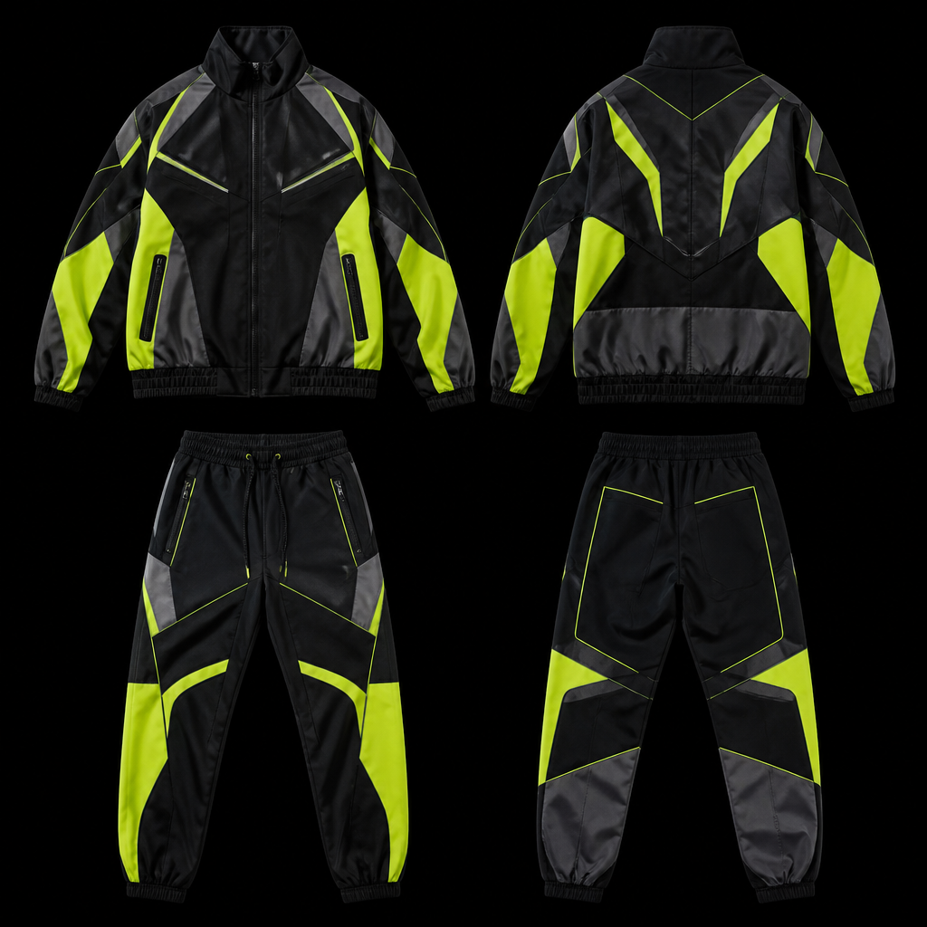 Streetwear clothing jacket and pant
photorealistic fashion design, Streetwear clothing jacket and pant, neon style, just the design no text, show front and back