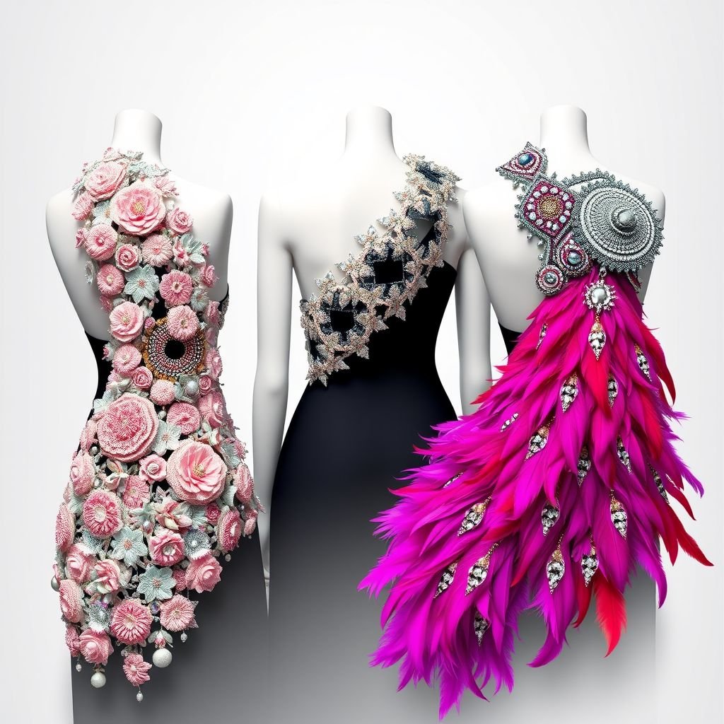 Create a 3 structured top style with standing exxergerated beaded 3d structure over the shoulder. I want 3 options
Design three exquisite haute couture tops, each featuring a dramatic three-dimensional beaded structure cascading over one shoulder. Option one showcases intricate floral beadwork, option two embraces abstract geometric shapes with metallic accents, and option three uses vibrant, cascading feathers interwoven with crystals, exuding opulence and avant-garde elegance for the modern muse.