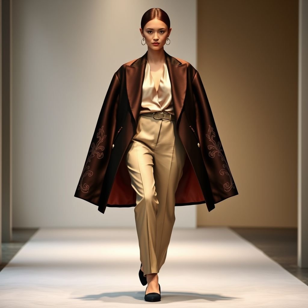 oversized casual blazer for women with open long sleeves
Design a luxurious oversized blazer for women, exuding sophistication with its sharp tailoring and rich fabric. The open long sleeves drape elegantly, adorned with subtle embroidery that echoes traditional formal motifs. Pair it with a sleek silk blouse and tailored trousers for an upscale evening look, effortlessly blending contemporary flair with classic elegance.