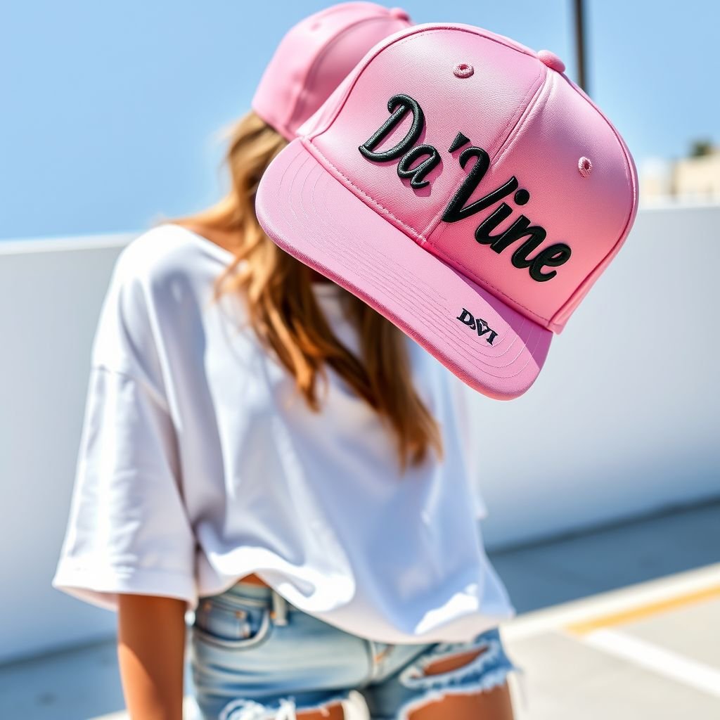 A pink Fitted Hat with the name “Da’Vine” on it. With DV on it. With a rose
Design a casual streetwear look featuring a pink fitted hat emblazoned with “Da’Vine” in bold, stylish lettering. Highlight the initials “DV” in a playful font alongside a delicate rose graphic. Pair the hat with a relaxed white oversized tee and distressed denim shorts to encapsulate laid-back, effortlessly cool vibes.