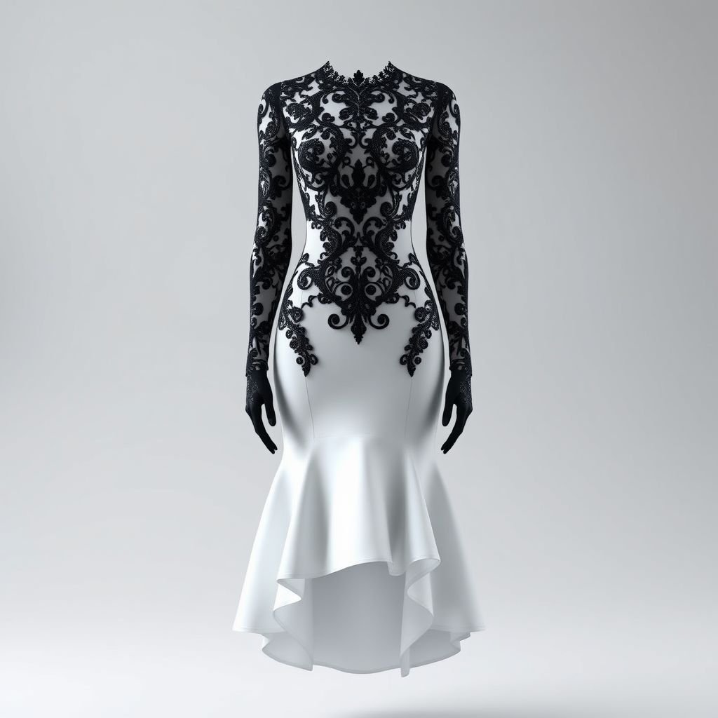 A white long body hugging dress that flares a bit just from the bottom of the knees all the way down and its dyed in black from the bottom up until the knees then a black laced design on the bodies and all the way to the arms and hands
Envision a stunning white body-hugging dress that gracefully transitions to deep black from the knees downward. The flared hem creates an ethereal silhouette, while intricate black lace patterns weave around the torso, extending elegantly to the arms and hands, embodying a fusion of modern elegance and gothic allure perfect for evening soirées.