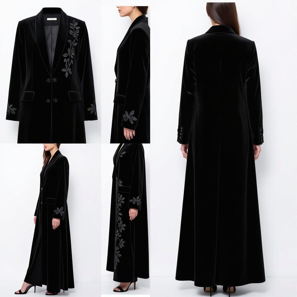 Abaya Blazer Design – Embroidered Black Edition • Outer Fabric: • Velvet (Cotton-Silk Blend Velvet) in deep black. • Rich, luxurious texture with a soft sheen that highlights embroidery beautifully and adds evening sophistication. • Inner Lining: • Silk Satin or Bemberg Rayon in black or dark champagne, providing comfort and a smooth finish. • Key Details: • Straight A-Line cut tailored to ankle length for elegance with practicality. • Classic blazer lapel with sharp finishing, maintaining the formal blazer identity. • Double-breasted closure with covered buttons for a refined, seamless look. • Embroidery: • Elaborate floral and leafy embroidery crafted in black-on-black threads or with a hint of dark metallic accents. • Placement: Flowing down from the shoulder along one side of the chest and extending vertically to the hemline. • Effect: Adds depth and dimension to the solid black fabric, creating a subtle yet striking statement. • Back Design: • The back remains plain velvet, with a small center slit at the hem to ease movement while preserving the blazer cut. ⸻ ✨ Result: A black velvet abaya blazer with intricate embroidery cascading along one side, blending luxury, formality, and femininity. The choice of velvet elevates the design into an evening statement piece — perfect for gala events, high-end gatherings, or formal receptions.
Minimalist fashion: Black velvet abaya blazer. Cotton, silk blend velvet. Straight cut, ankle length. Classic blazer lapel. Double-breasted, covered buttons. Black-on-black floral embroidery along one side. Plain back with small slit.