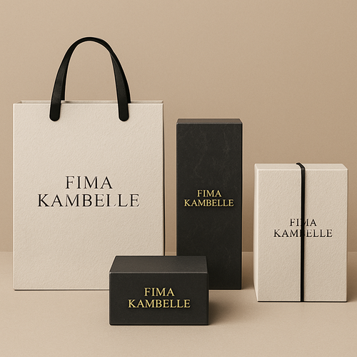 Create me 4 different unique, sophisticated packages materials for my clothing brand FIMA KAMBELLE by making it first of its kind and chic.