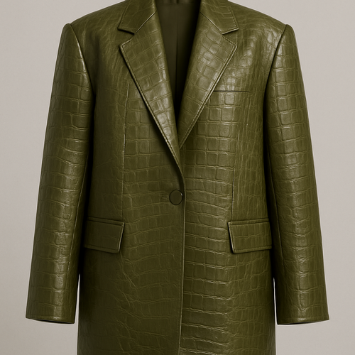 Can you make a leather oversized blazer crocodile print coming to the mid thigh in olive green with shoulder pads