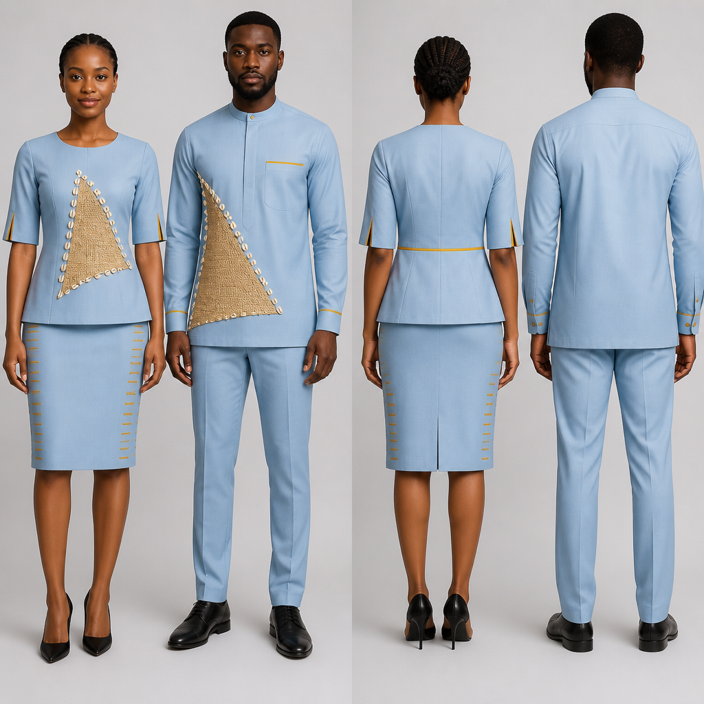 Ensemble jupe droite et le haut a une découpe trapèze vers le bas du haut pour hôtesse restaurant , couleur du vêtement bleu ciel avec un design tissu en paille et cauris sur le vêtement, et des petits traits jaune moutarde sur la jupe et sur les manches. De même pour l’homme chemise et pantalon
photorealistic fashion design, Ensemble jupe droite et le haut a une découpe trapèze vers le bas du haut pour hôtesse restaurant , couleur du vêtement bleu ciel avec un design tissu en paille et cauris sur le vêtement, et des petits traits jaune moutarde sur la jupe et sur les manches. De même pour l’homme chemise et pantalon , uniform style, just the design no text, show front and back