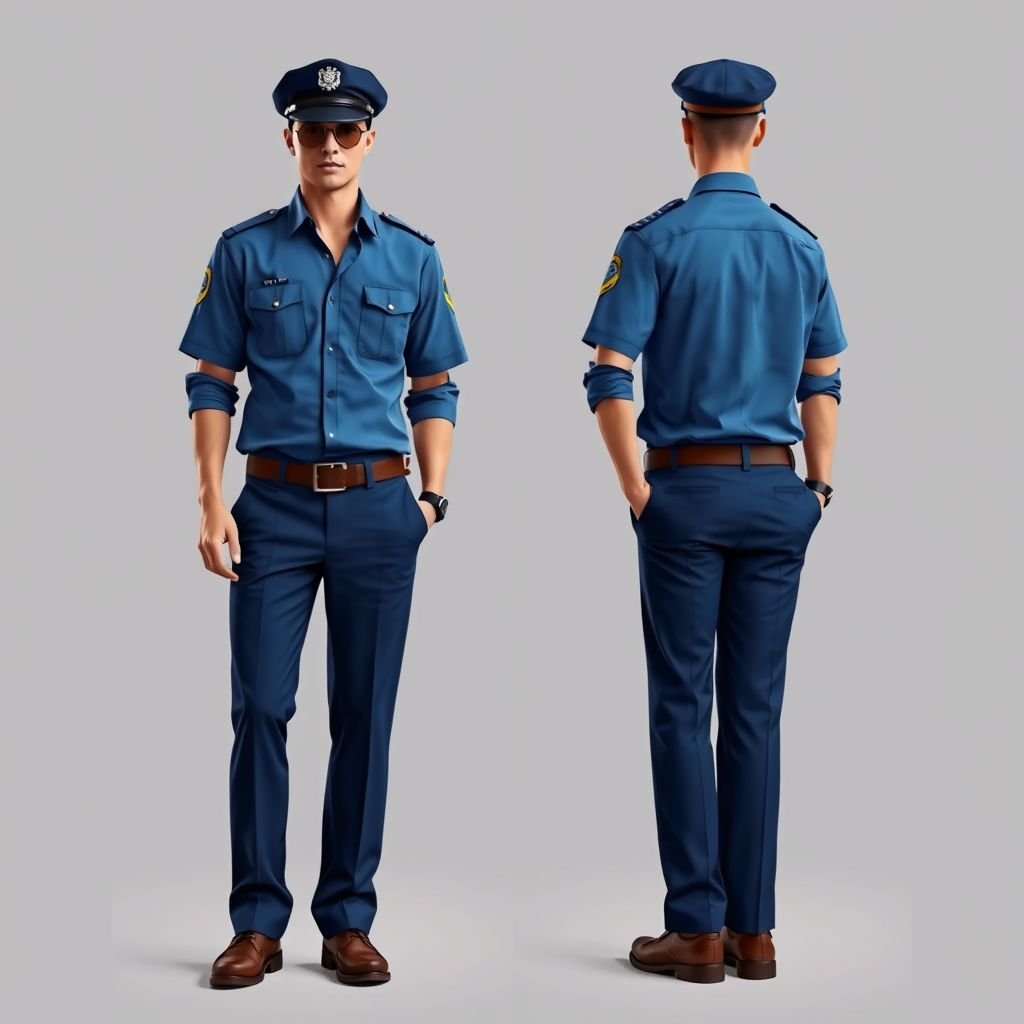 Male uniform for a police investigation agency of a hot and humid country. It should be smart but at the same time comfortable. The color range is blue. The cap can be replaced with a beret and the cargo trouser with straight ones. The color of the trouser and the shirt must be the same. The belt can be do away with and the shirt can be worn untucked
Design a male uniform for a police investigation agency in a hot, humid climate, emphasizing both smartness and comfort. A sleek blue button-up shirt, untucked for ventilation, pairs with straight-cut trousers in the same deep blue shade. Replace the traditional cap with a stylish beret, ensuring practicality without sacrificing uniformity.