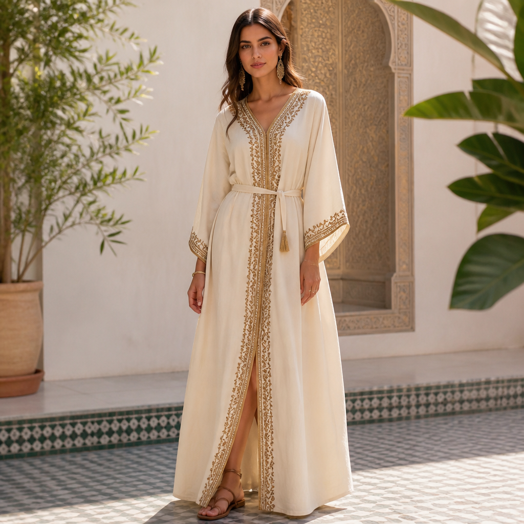 A Female Dress design, suitable for Summer, in Classic style. Morocco fashion aesthetics. Present it as professional fashion catalogue photography: the garment is the subject, shown full-length with editorial styling, neutral posing and tasteful, non-suggestive framing.
photorealistic fashion design, A Female Dress design, suitable for Summer, in Classic style. Morocco fashion aesthetics. Present it as professional fashion catalogue photography: the garment is the subject, shown full-length with editorial styling, neutral posing and tasteful, non-suggestive framing., classic style, just the design no text