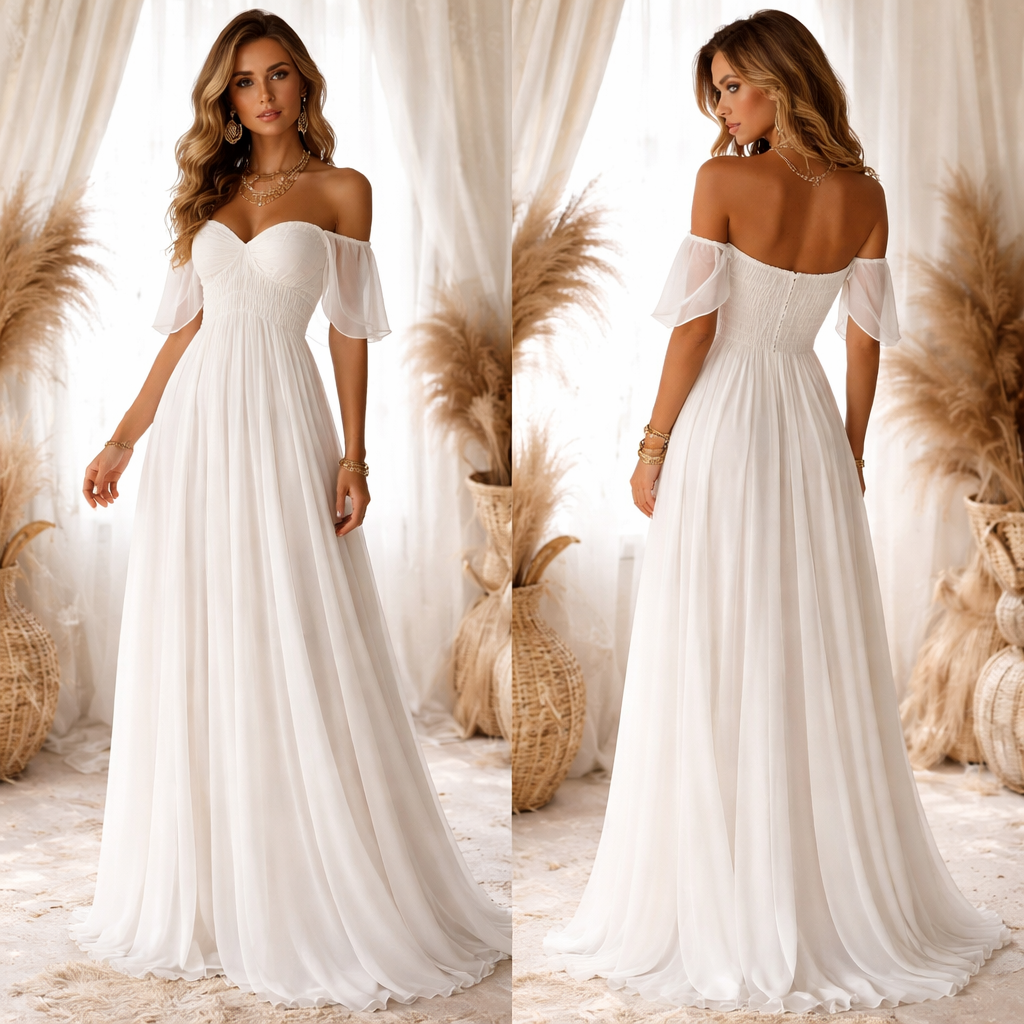 Bohemian maxi dress with small . Ethereal white. No slit. No sleeves. Off the shoulder. Pull under bust. Sweetheart cut. Slightly tighter. Tighter again. Flowy material across bust
Bohemian maxi dress with small . Ethereal white. No slit. No sleeves. Off the shoulder. Pull under bust. Sweetheart cut. Slightly tighter. Tighter again. Flowy material across bust
, glamorous style, show front and back